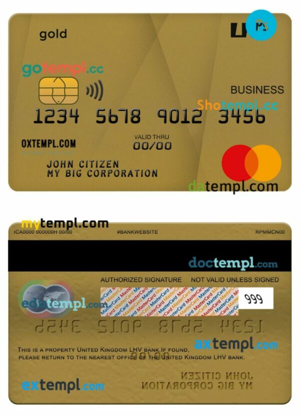 United Kingdom LHV bank business mastercard gold card template in PSD format