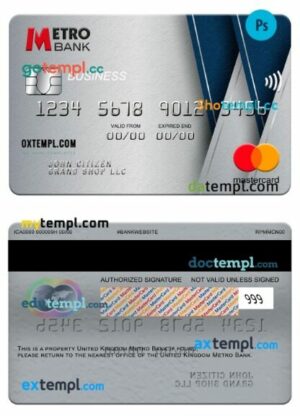 United Kingdom Metro Bank business mastercard template in PSD format