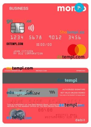 United Kingdom Monzo bank business debit mastercard template in PSD format