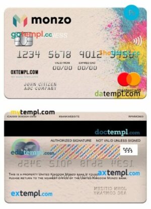 United Kingdom Monzo bank business mastercard template in PSD format