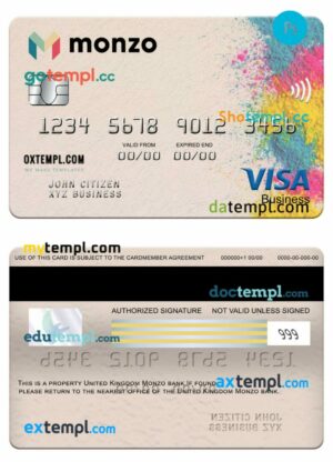 United Kingdom Monzo bank visa business card template in PSD format