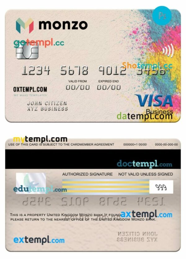 United Kingdom Monzo bank visa business card template in PSD format