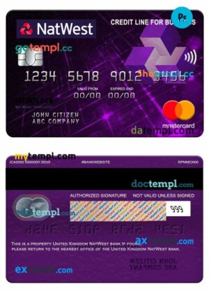 United Kingdom NatWest bank credit line for business mastercard template in PSD format