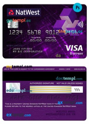 United Kingdom NatWest bank visa business card template in PSD format