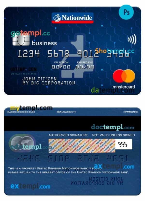 United Kingdom Nationwide bank business mastercard template in PSD format