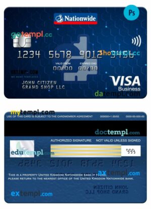 United Kingdom Nationwide bank visa business card template in PSD format