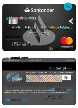 United Kingdom Santander bank business mastercard template in PSD format