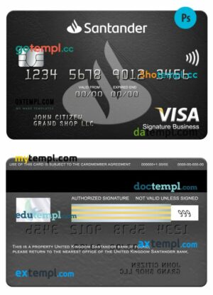 United Kingdom Santander bank visa signature business card template in PSD format