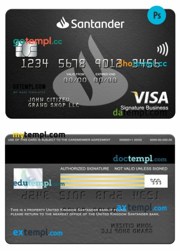 United Kingdom Santander bank visa signature business card template in PSD format