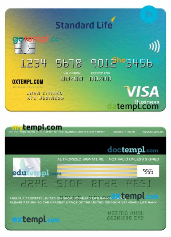 United Kingdom Standard Life bank visa business card template in PSD format