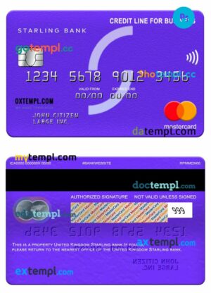 United Kingdom Starling bank credit line for business mastercard template in PSD format