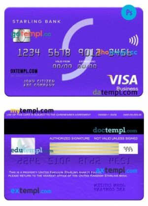 United Kingdom Starling bank visa business card template in PSD format