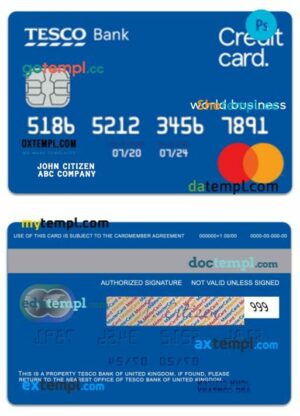United Kingdom TESCO Bank world business credit card template in PSD format