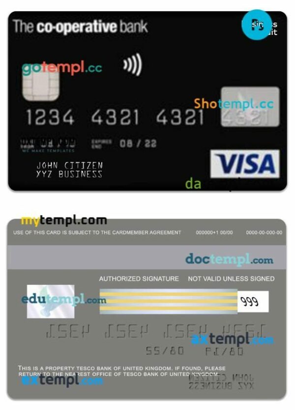 United Kingdom The Co-operative Bank business credit visa card template in PSD format