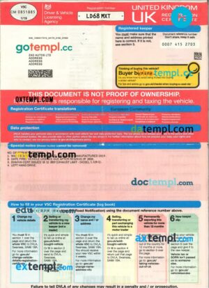 United Kingdom driver vehicle registration certificate in PSD format, 4 pages