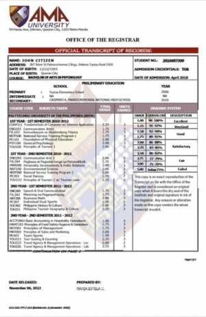 AMA University official transcript of records Word and PDF template