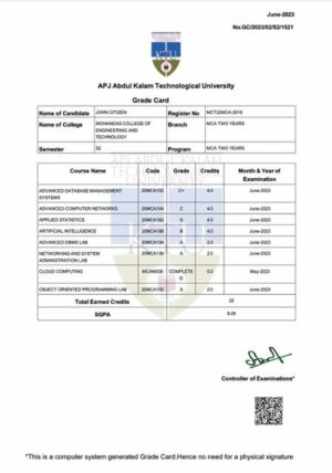APJ Abdul Kalam Technological University grade card Word and PDF template