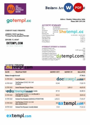 AU Small Finance enterprise account statement Word and PDF template