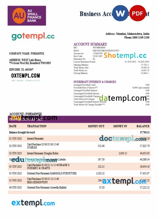 AU Small Finance enterprise account statement Word and PDF template