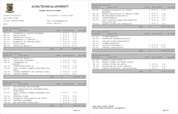 Accra Technical University academic record of student Word and PDF template, 2 pages