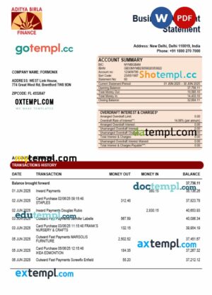 Aditya Birla Finance Ltd bank enterprise account statement Word and PDF format