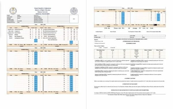 Afghanistan Bamyan University official transcript Word and PDF template