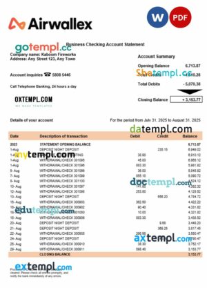 Airwallex Limited organization checking account statement Word and PDF format