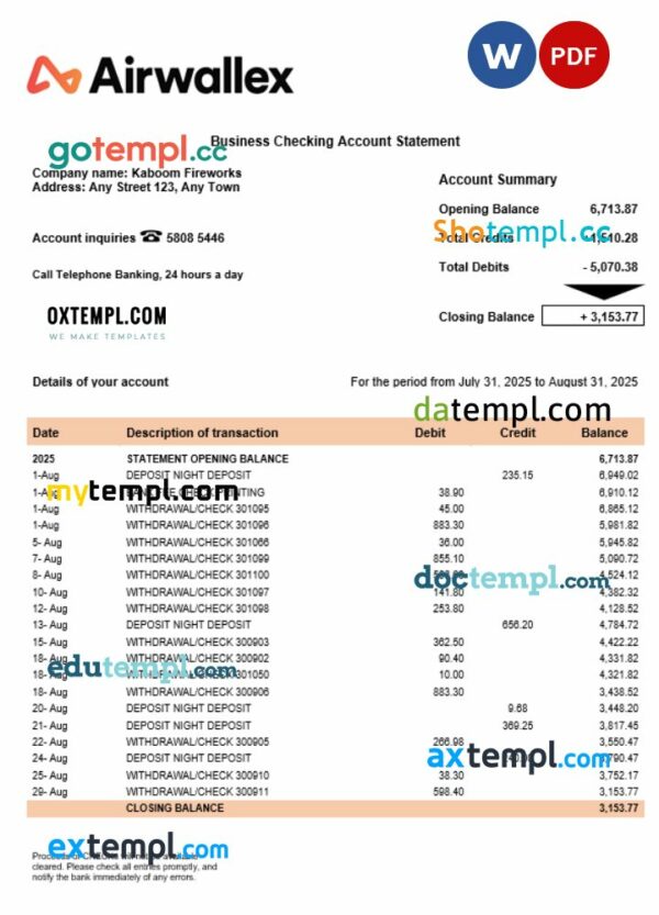 Airwallex Limited organization checking account statement Word and PDF format