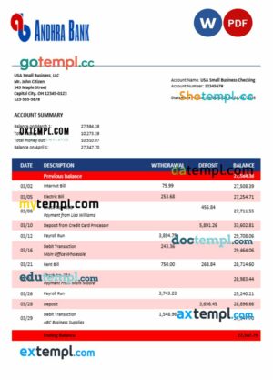 Andhra business bank statement Word and PDF format
