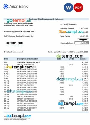 Arion Bank business organization checking  statement Word and PDF format