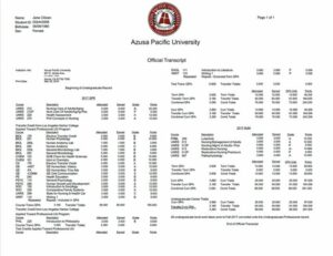 Azusa Pacific University official transcript Word and PDF template