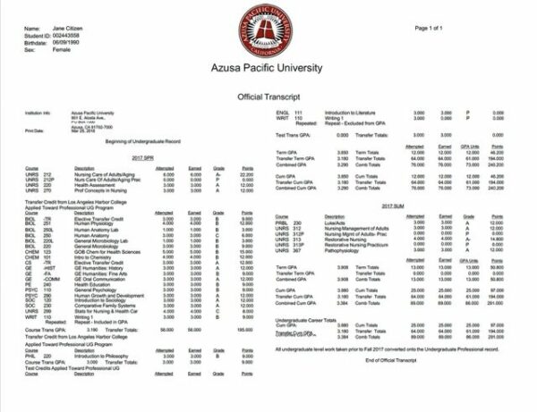 Azusa Pacific University official transcript Word and PDF template