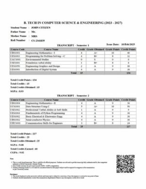 BTech in Computer Science Engineering transcript Word and PDF template