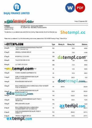 Bajaj Finance Limited business firm account bank statement Word and PDF format