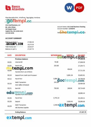 Banco Atlantida business account statement Word and PDF template
