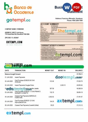 Banco de Occidente firm account statement Word and PDF template