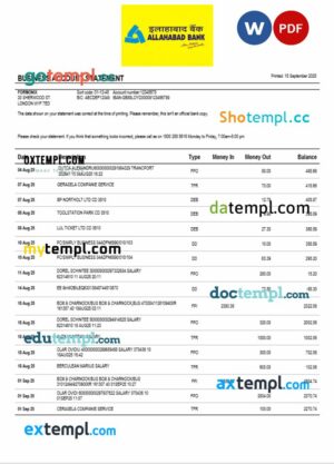 Bank Allahabad organization checking account statement Word and PDF format
