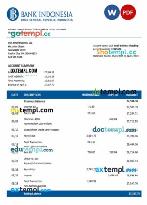 Bank Indonesian company checking account statement Word and PDF template