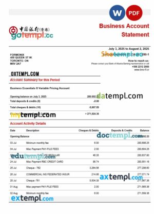 Bank of China company checking account statement Word and PDF template