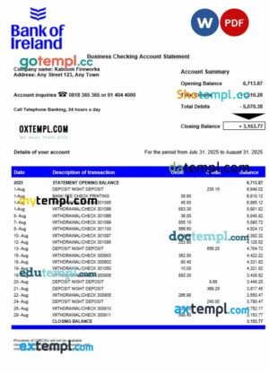 Bank of Irish firm account statement Word and PDF template