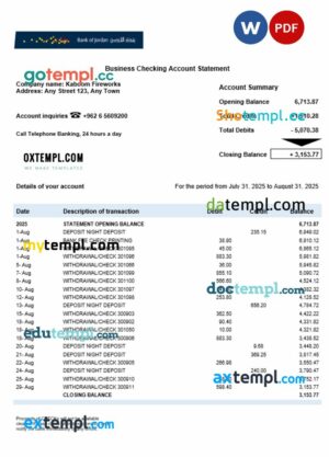 Bank of Jordan firm account statement Word and PDF template