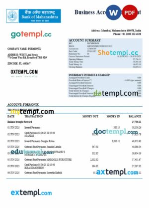 Bank of Maharashtra business account statement Word and PDF template