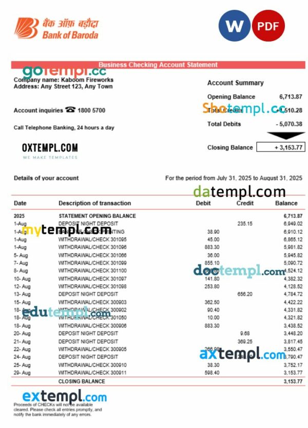 Bob Bank of Boroda firm account statement Word and PDF template