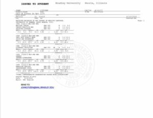 Bradley University official academic transcript Word and PDF template, 2 pages