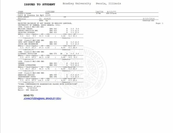 Bradley University official academic transcript Word and PDF template, 2 pages