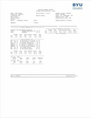 Brigham Young University Idaho official transcript Word and PDF template