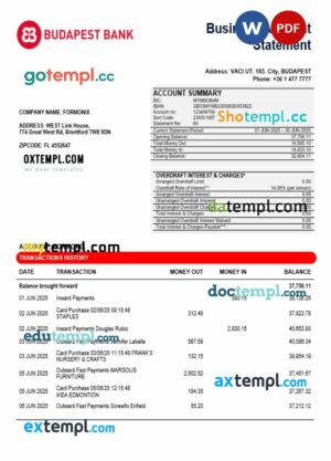 Budapest Bank – Szolnoki Fiók business firm account bank statement Word and PDF format
