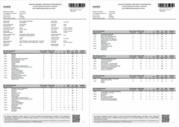 Burdur Mehmet Akif Ersoy University transcript Word and PDF template, 3 pages