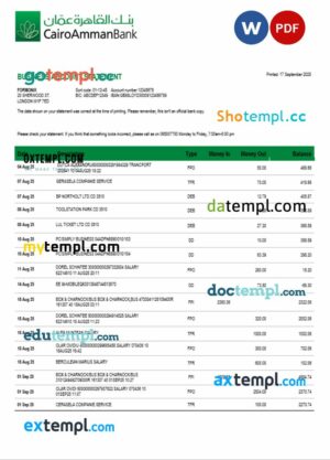 Cairo Amman Bank organization checking account statement Word and PDF template