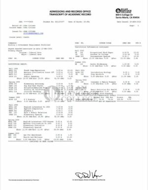 California Allan Hancock College transcript of academic record Word and PDF template